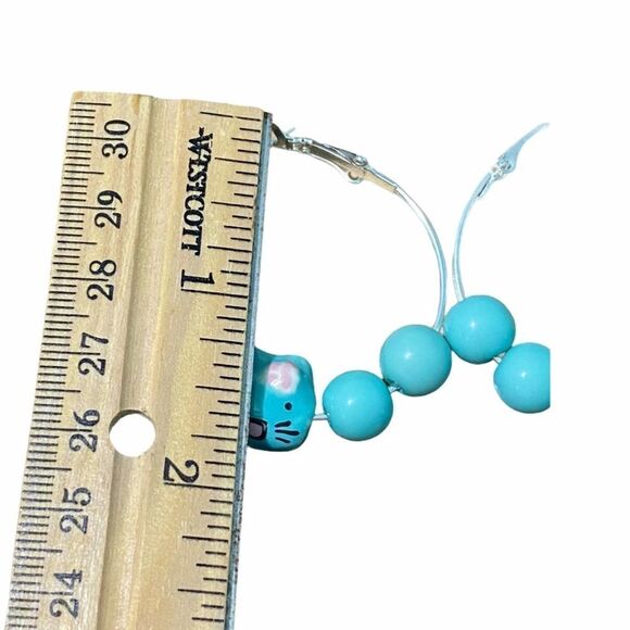 Cat Charm Beaded Hoop Earrings Silver Teal Beads - Picture 4 of 5